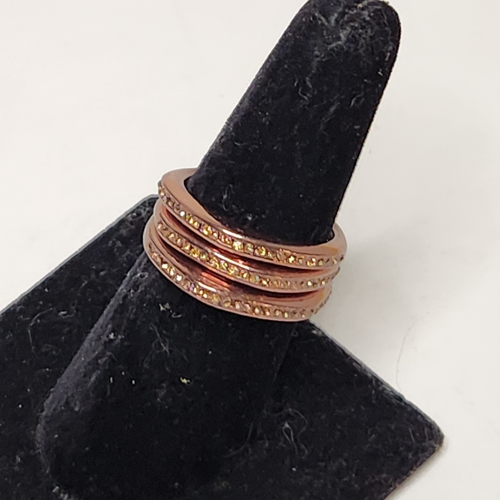 Fossil stacked pave rosegold copper irregular shape costume rings sz 8 3pc